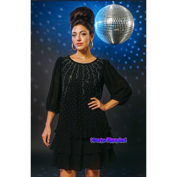 Good Times Dress Vintage 70s Black Glam Avant Garde Fairy Flamenco Disco Glitter - Picture 1 of 13